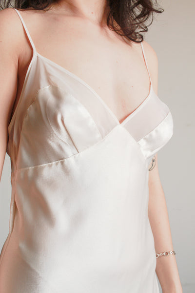 1990s Ecru Satin Sheer Paneled Bias Dress
