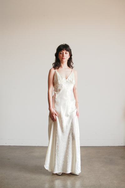 1990s Cream Damask Satin Bias Dress