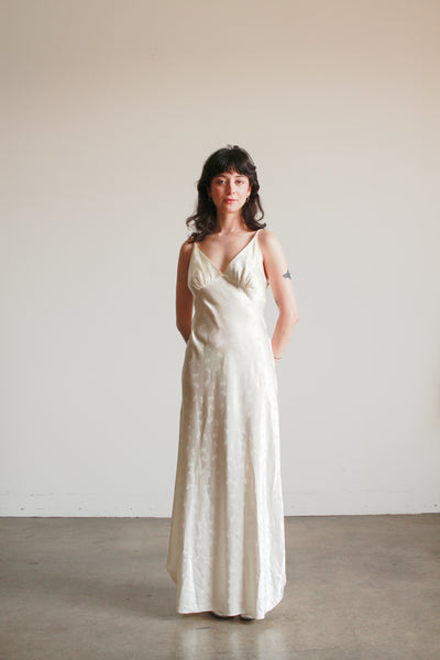 1990s Cream Damask Satin Bias Dress