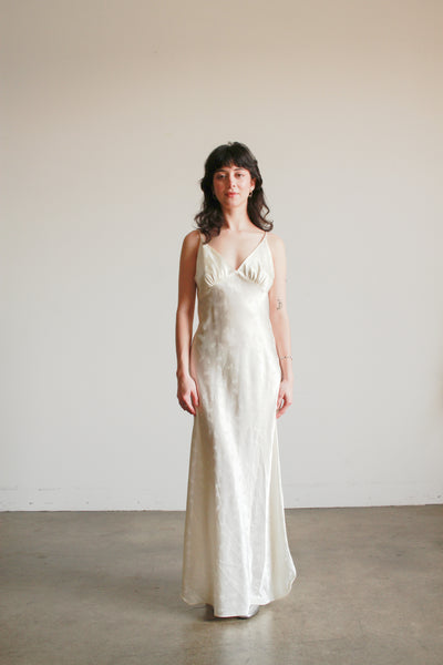 1990s Cream Damask Satin Bias Dress