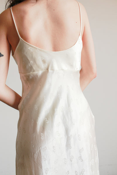 1990s Cream Damask Satin Bias Dress
