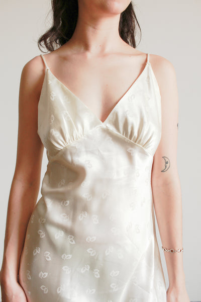 1990s Cream Damask Satin Bias Dress