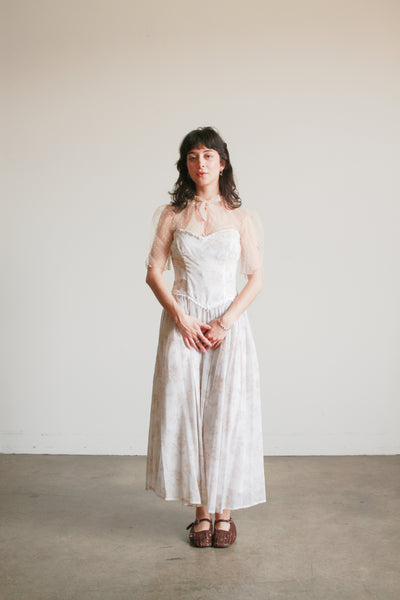 1980s Floral Print Corset Maxi Dress
