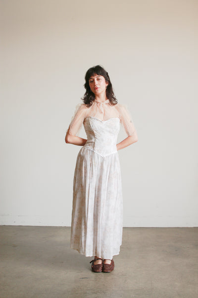 1980s Floral Print Corset Maxi Dress