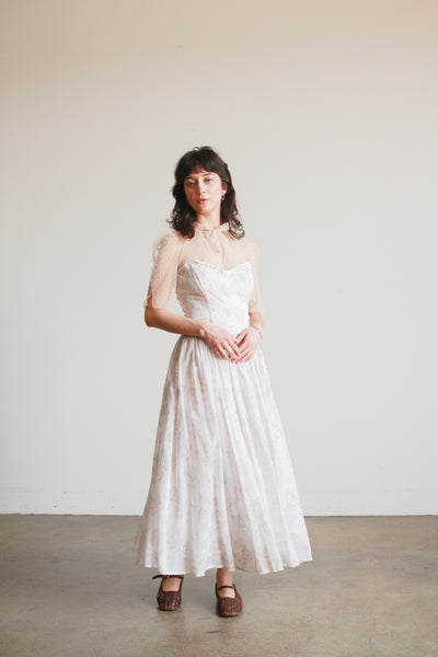 1980s Floral Print Corset Maxi Dress