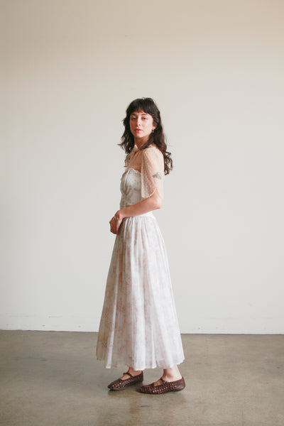 1980s Floral Print Corset Maxi Dress