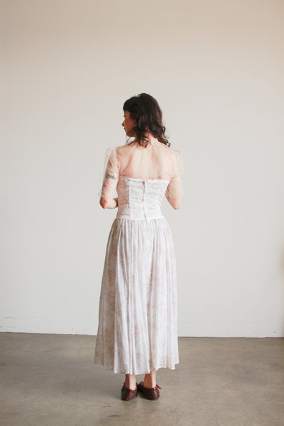 1980s Floral Print Corset Maxi Dress