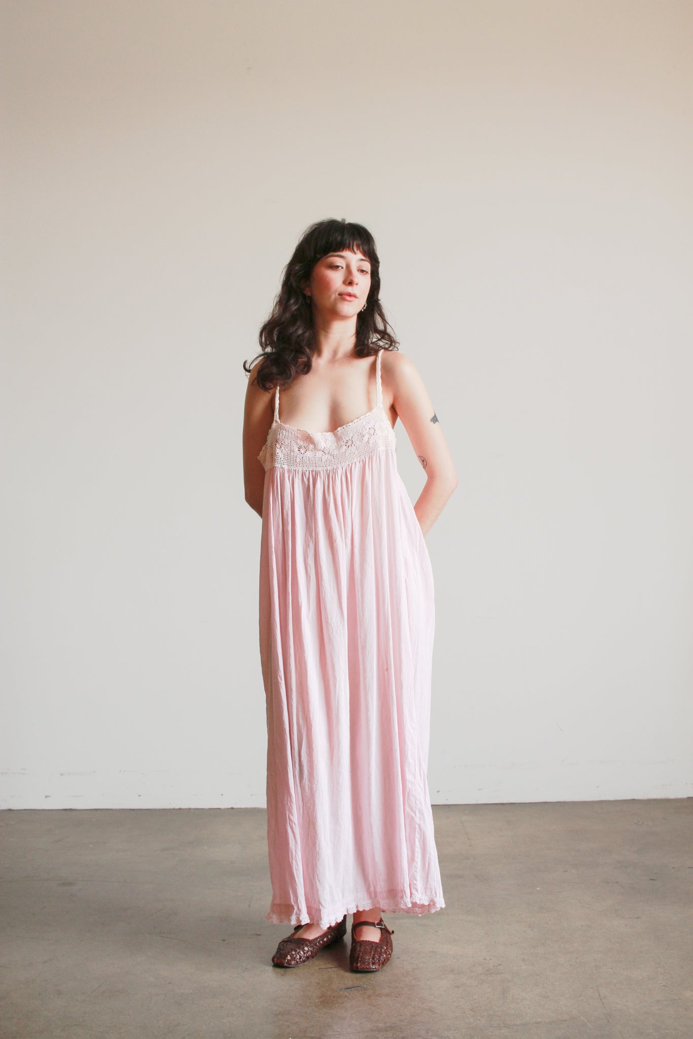 Antique Pink Cotton Crochet Bib Cami Dress Blossom Vintage Antique Pink Cotton Crochet Bib Cami Dress Blossom Vintage