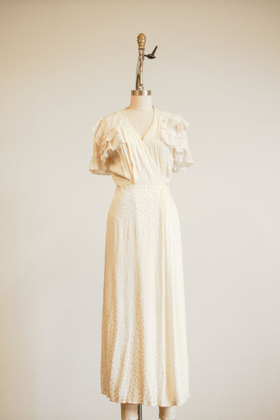 1940s Ivory Rayon Damask Lace Flutter Sleeve Dress