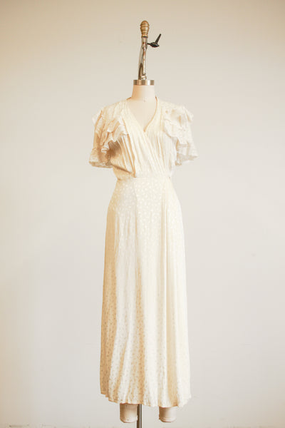 1940s Ivory Rayon Damask Lace Flutter Sleeve Dress
