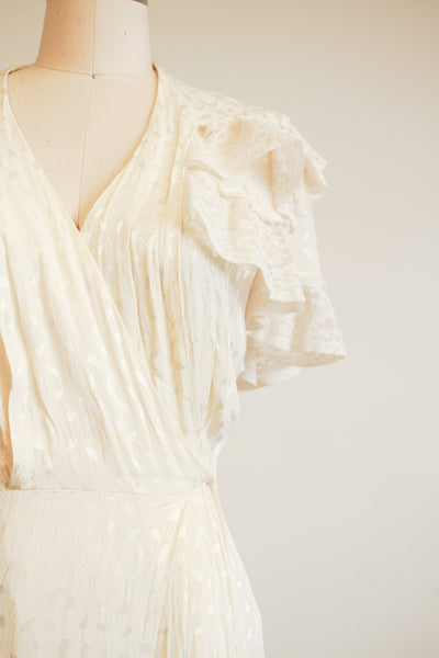 1940s Ivory Rayon Damask Lace Flutter Sleeve Dress