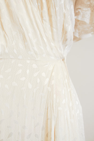 1940s Ivory Rayon Damask Lace Flutter Sleeve Dress