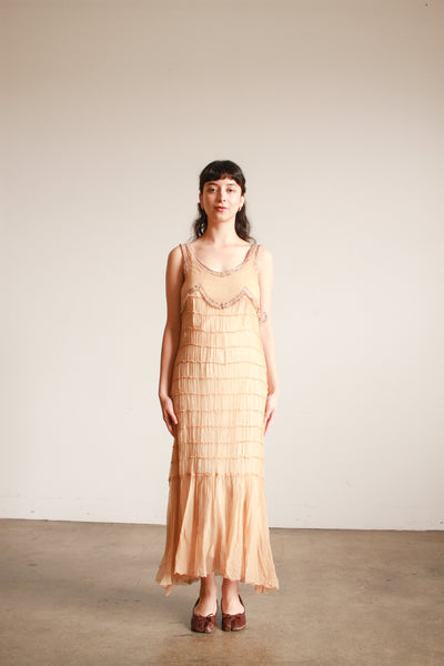 1920s Peach Silk Chiffon Beaded Tiered Dress