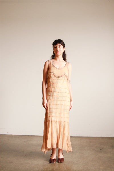 1920s Peach Silk Chiffon Beaded Tiered Dress