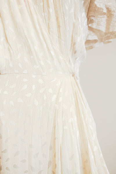 1940s Ivory Rayon Damask Lace Flutter Sleeve Dress