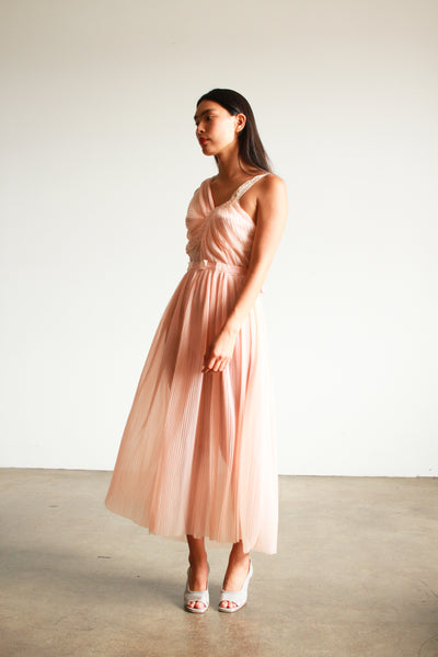1960s Blush Pink Pleated Applique Dress