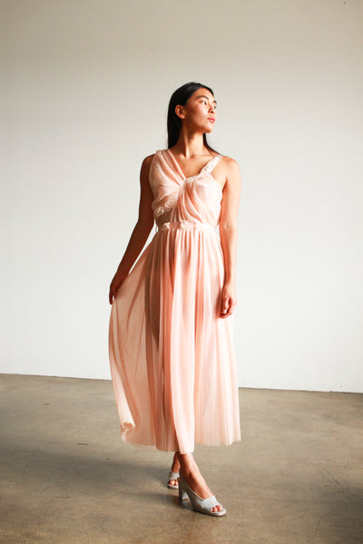 1960s Blush Pink Pleated Applique Dress