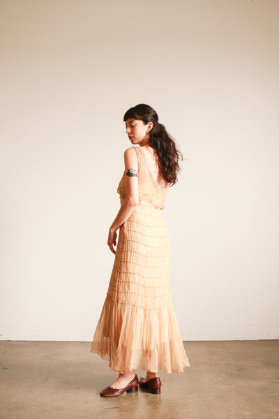 1920s Peach Silk Chiffon Beaded Tiered Dress