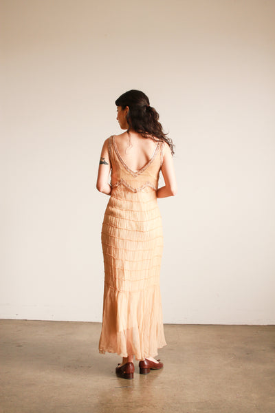 1920s Peach Silk Chiffon Beaded Tiered Dress