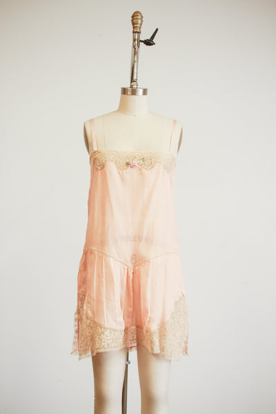 1920s Peach Silk Tambour Lace Inlay Slip Dress