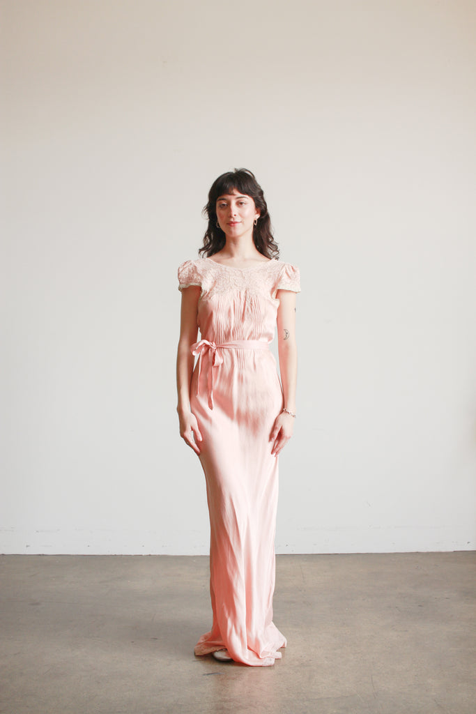 1930s Ballet Pink Silk Charmeuse Bias Cut Cap Sleeve Dress – Blossom Vintage 1930s Ballet Pink Silk Charmeuse Bias Cut Cap Sleeve Dress – Blossom Vintage
