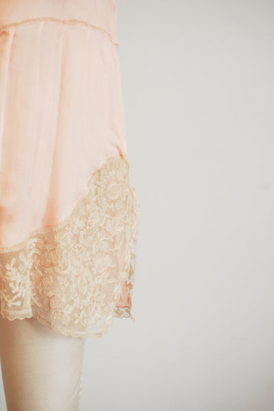 1920s Peach Silk Tambour Lace Inlay Slip Dress