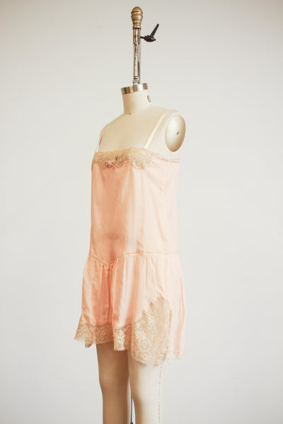 1920s Peach Silk Tambour Lace Inlay Slip Dress