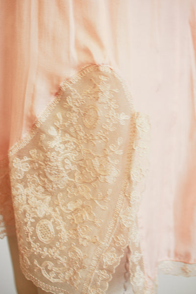 1920s Peach Silk Tambour Lace Inlay Slip Dress