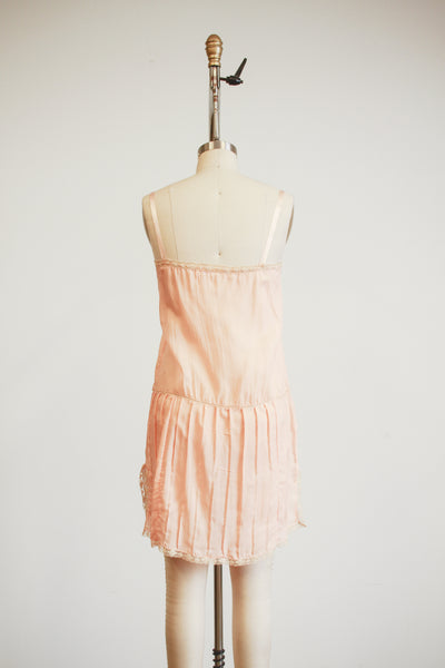 1920s Peach Silk Tambour Lace Inlay Slip Dress