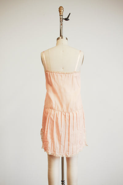 1920s Peach Silk Tambour Lace Inlay Slip Dress