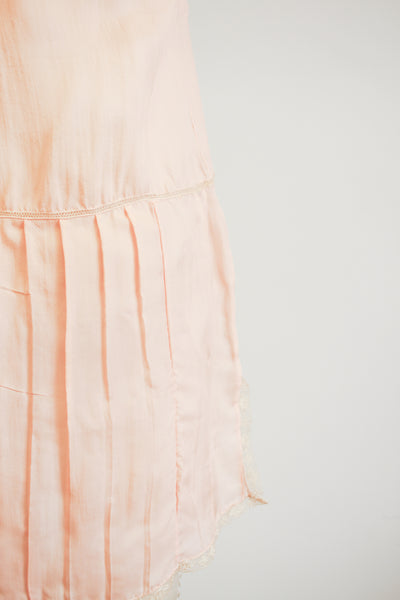 1920s Peach Silk Tambour Lace Inlay Slip Dress