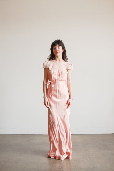 pink bias cut dress 1930s Sheer Pink Bias Cut Dress with Gathered Bodice