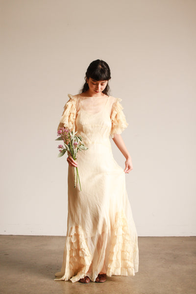 1930s Cream Ruffled Sleeve Sheer Gown