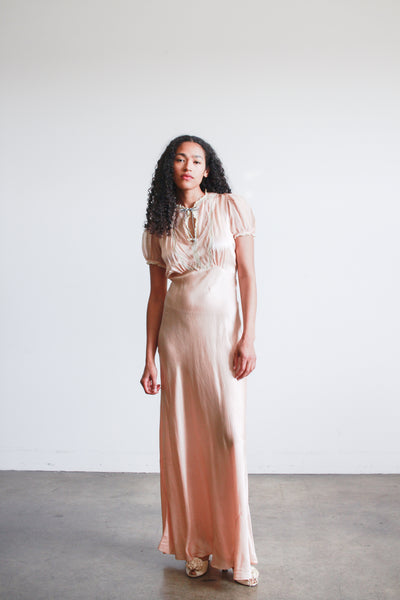 1930s Salmon Silk Satin Puff Sleeve Dress