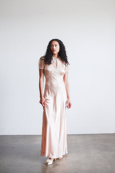 1930s Salmon Silk Satin Puff Sleeve Dress