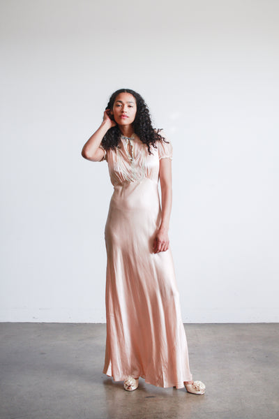 1930s Salmon Silk Satin Puff Sleeve Dress