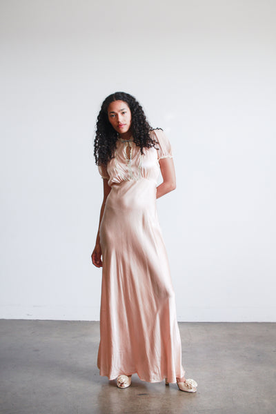 1930s Salmon Silk Satin Puff Sleeve Dress
