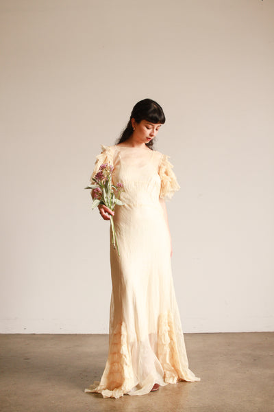 1930s Cream Ruffled Sleeve Sheer Gown