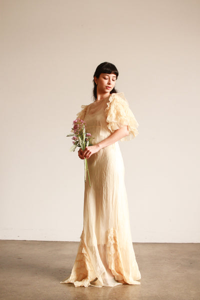 1930s Cream Ruffled Sleeve Sheer Gown