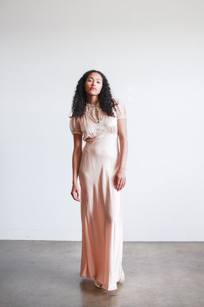 1930s Salmon Silk Satin Puff Sleeve Dress
