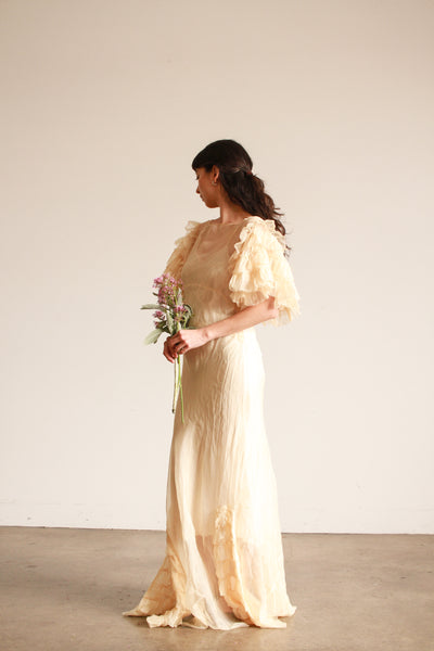 1930s Cream Ruffled Sleeve Sheer Gown