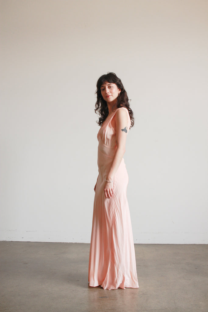 1930s Pink Rayon Bias Cut Sleeveless Dress Blossom Vintage 1930s Pink Rayon Bias Cut Sleeveless Dress Blossom Vintage