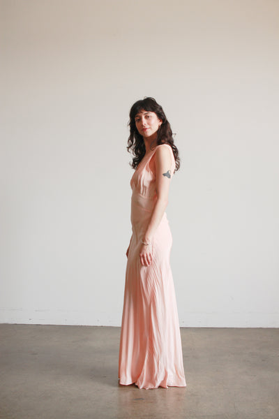 pink bias cut dress 1930's Bias Cut Pink Taffeta Evening Gown / Full Length Dress / Periwinkle / Puffed Sleeves / Size XS Small / Art Deco