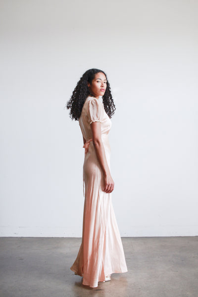 1930s Salmon Silk Satin Puff Sleeve Dress