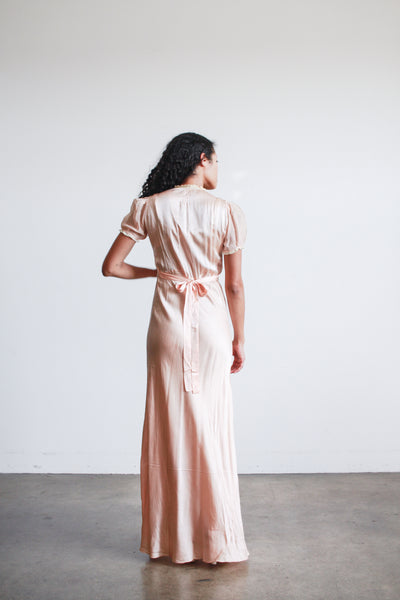 1930s Salmon Silk Satin Puff Sleeve Dress