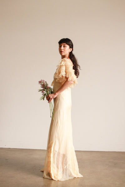 1930s Cream Ruffled Sleeve Sheer Gown