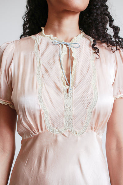 1930s Salmon Silk Satin Puff Sleeve Dress