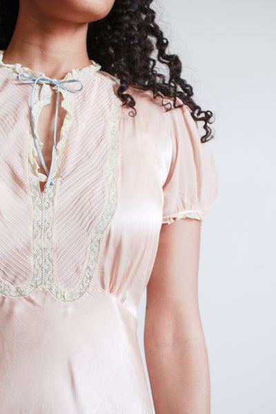 1930s Salmon Silk Satin Puff Sleeve Dress