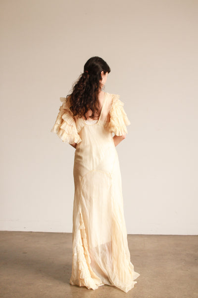 1930s Cream Ruffled Sleeve Sheer Gown