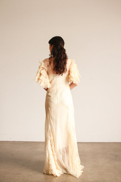 1930s Cream Ruffled Sleeve Sheer Gown